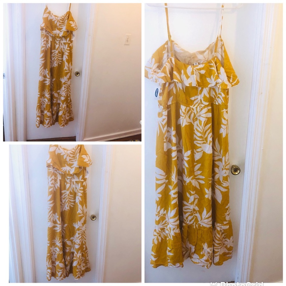 NWT Old Navy Mustard Yellow Tropical Tiered Maxi Dress size large tall - Picture 3 of 16
